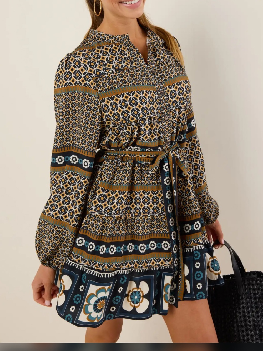 Avara Geometric Floral Print Boho Tunic Dress Size Medium